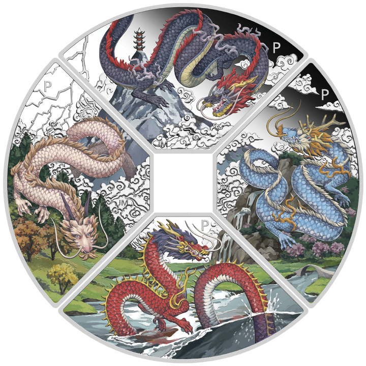 Ensemble de 4 pièces Tuvalu : Année du Dragon Quadrant colorée 4 x 1 once d'argent 2024 Proof