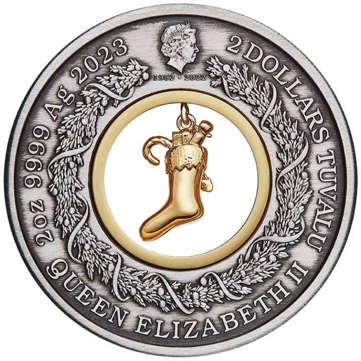 Tuvalu: The Night Before Christmas coloured 2 oz Silver 2023 Gilded Antiqued Coin