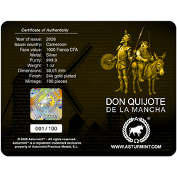 Don Quijote de La Mancha chapada en oro 1 oz plata 2026 Proof