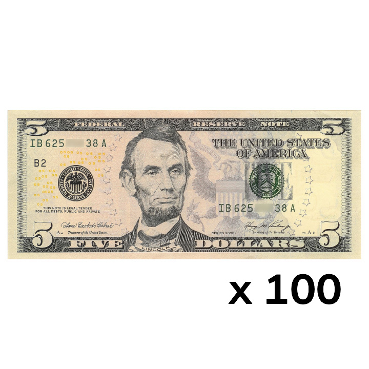 Bancnot SUA 5 dolari (5 U.S. dollars / 5 USD) UNC 100 bucăți