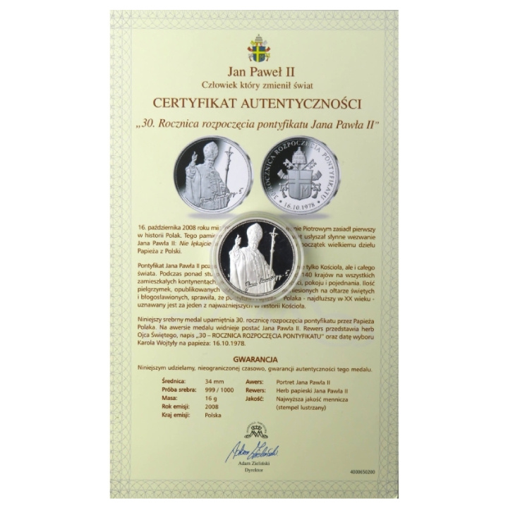 Medaille 30. Jahrestag des Beginns des Pontifikats von Johannes Paul II Silber Proof + certificado