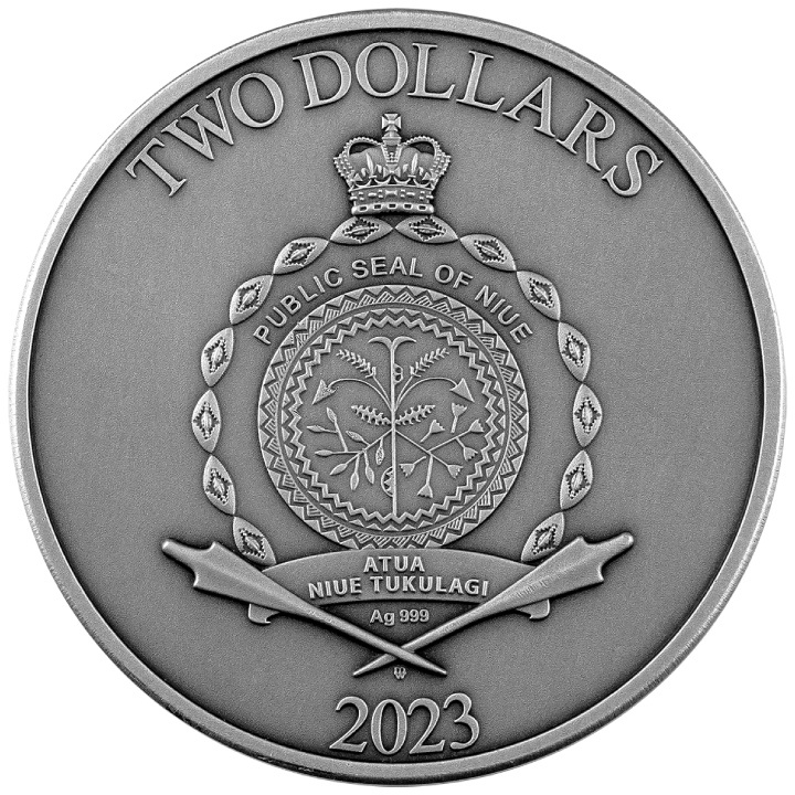 Niue: Kalendarz Haab kolorowany $2 Srebro 2023 High Relief Antiqued Coin