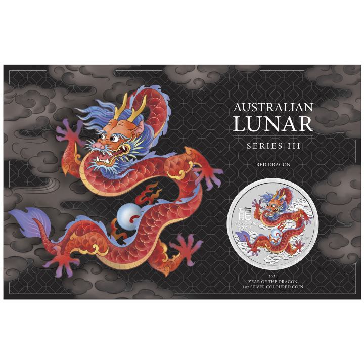 Perth Mint: Lunar III - Year of the Dragon "Red Dragon" coloured 1 oz Silber 2024 (coin in card)