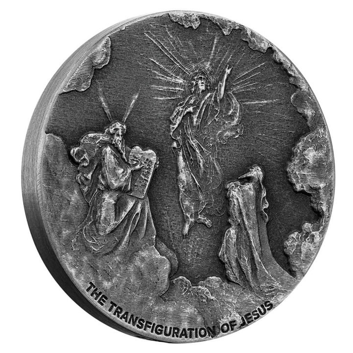 Niue: Biblické - Proměnění Ježíše 2 unce stříbra 2021 Proof Antiqued Coin