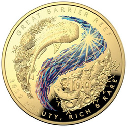 Great Barrier Reef barevná 1 unce zlata 2022 Proof Dome-Shaped Coin