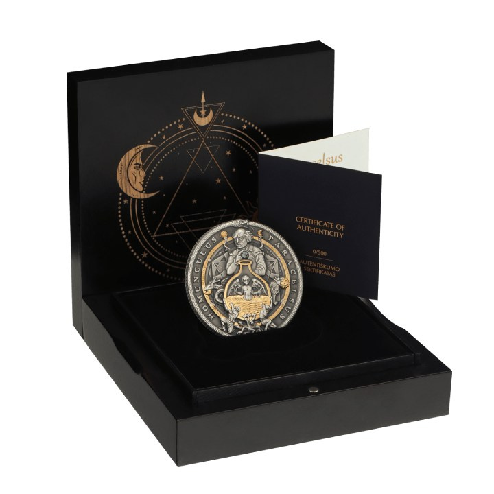 Niue: Los Alquimistas - Paracelso pozłacany $5 Srebro 2023 Acabado Antiguo