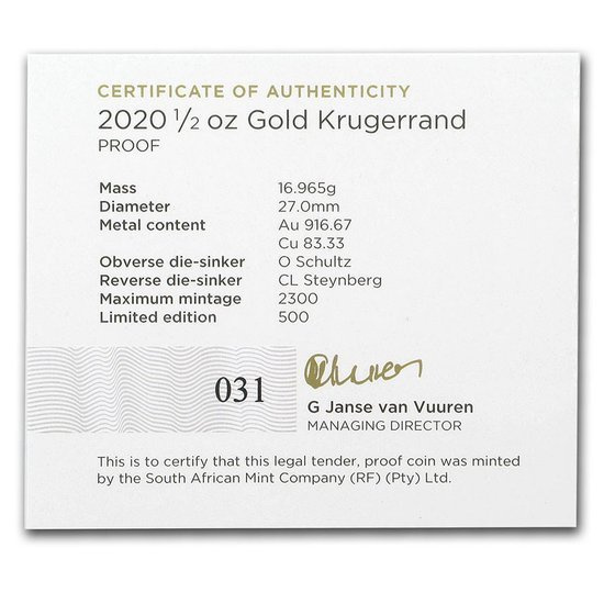 Krugerrand 1/2 uncia arany 2020 Proof