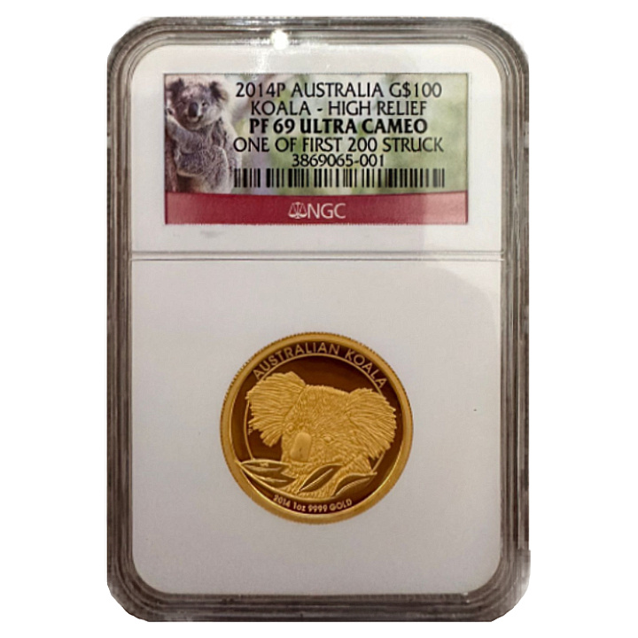 Koala 1 uncia arany 2014 Proof High Relief NGC PF69 Ultra Cameo One First of 200 Struck