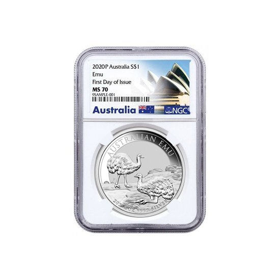 Australijski Emu 1 uncja Srebra 2020 MS 70 NGC First Day of Issue