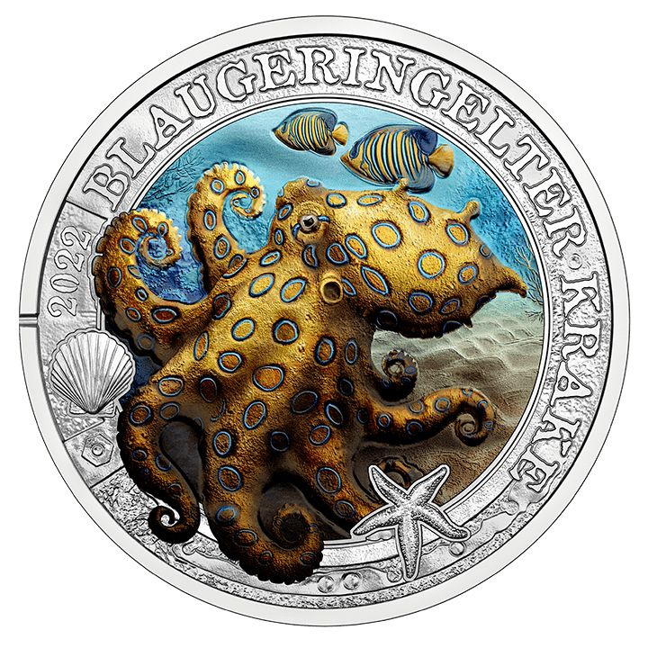 Blue-Ringed Octopus coloured 3 Euro Copper 2022