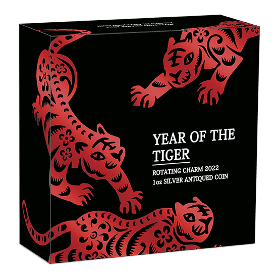 Tuvalu: Lunar III - Year of the Tiger 1 oz Silver 2022 Rotating Charm Antiqued Coin