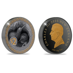 Kiwi plaqué or 2 onces d'argent 2025 Black Proof High Relief