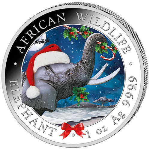 African Wildlife: Elefante somalí coloreado 1 oz Plata 2023 (Bola de nieve)