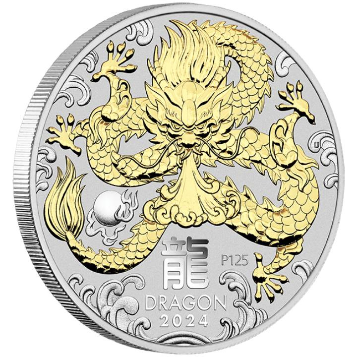 Perth Mint: Lunar III - Rok Smoka pozłacany 1 uncja Srebra 2024 (w etui)