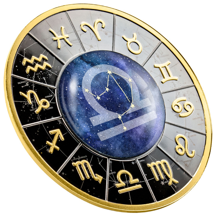 Cameroon: Zodiac Sign - Libra coloured Silver 2023 Gilded Black Proof Coin
