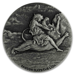 Niue: Bíblica - Sansón mata al león 2 oz Plata 2019 Proof Antiqued Coin