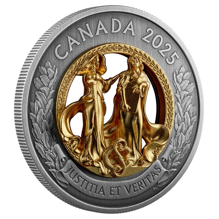 Canada: Allegories of Justice and Truth Gilded $50 Silver 2025 Antiqued Coin