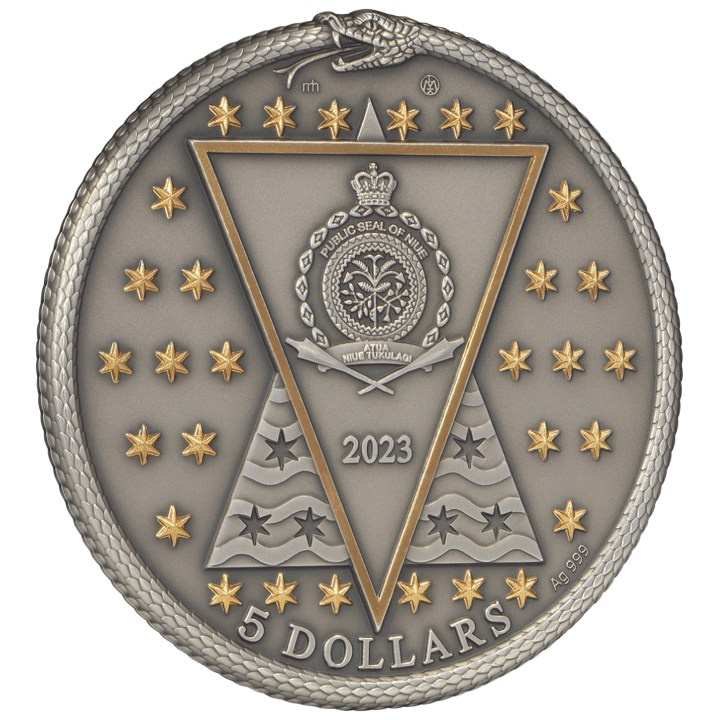 Niue: Los Alquimistas - Paracelso pozłacany $5 Srebro 2023 Acabado Antiguo