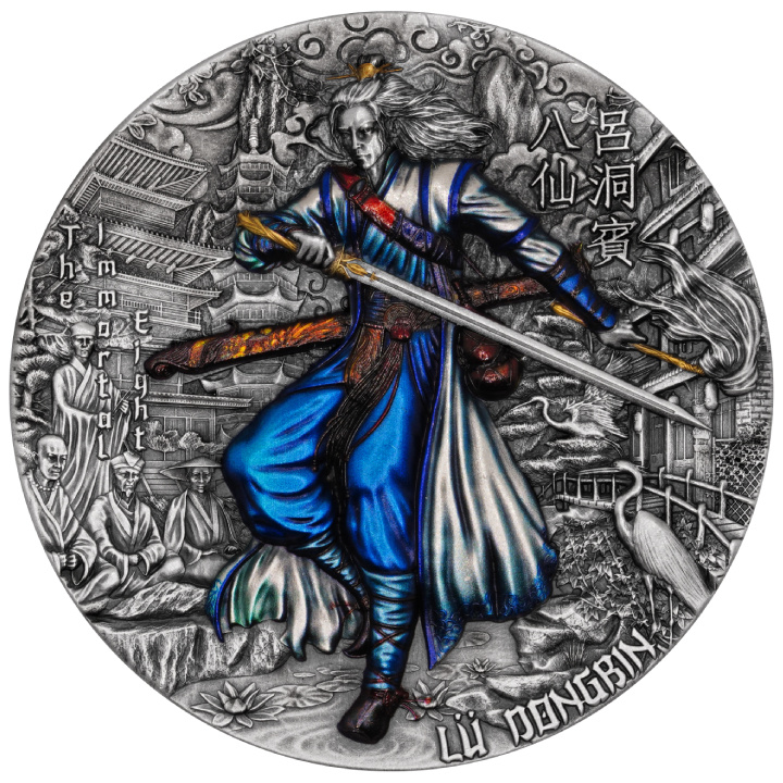 Niue: Eight Immortals - Lü Dongbin colorato, placcato in oro 2 once d'argento 2023 Ultra High Relief Antiqued Coin