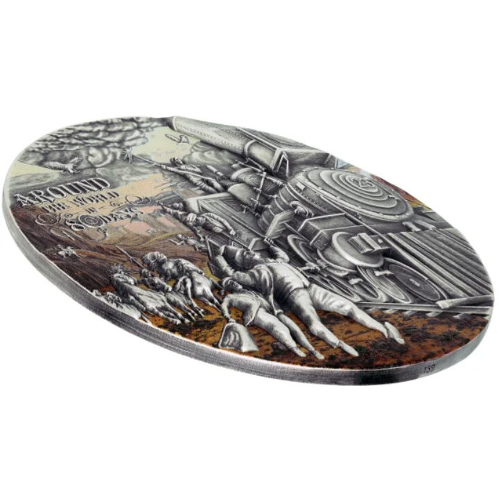 Niue: Around the World in 80 Days - Train Trip coloured 1 oz Silber 2023 High Relief Antiqued Coin