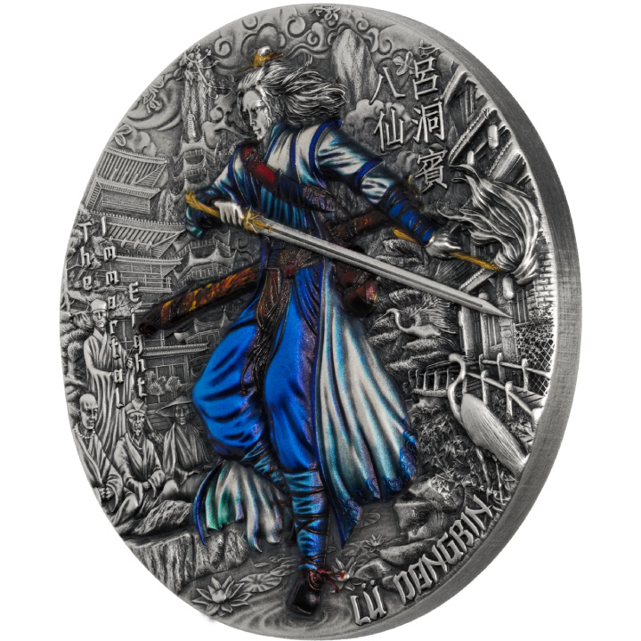 Niue: Eight Immortals - Lü Dongbin colorato, placcato in oro 2 once d'argento 2023 Ultra High Relief Antiqued Coin