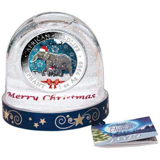 African Wildlife: Somalia Elephant colorized 1 oz Silver 2022 (Snow Globe)