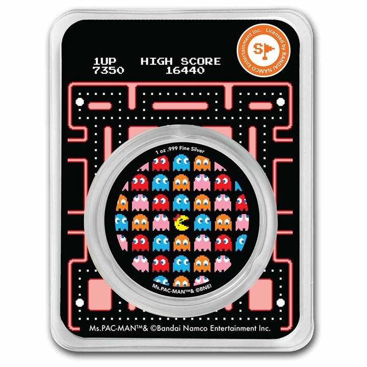 Ms.PAC-MAN Pixel Pattern coloured 1 oz Silver Slab | Metal Market Europe
