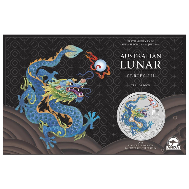 Perth Mint: Lunar III - Anno del Drago “Drago turchese” colorato 1 oncia d'argento 2024 (Perth Money Expo Anda Special)