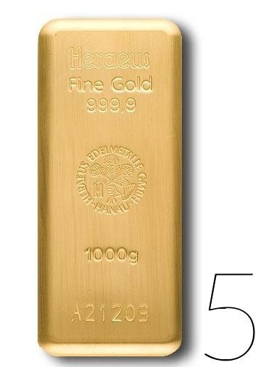 Lingot d'or Aegor-Heraeus de 1000 grammes, LOT DE 5 PIÈCES