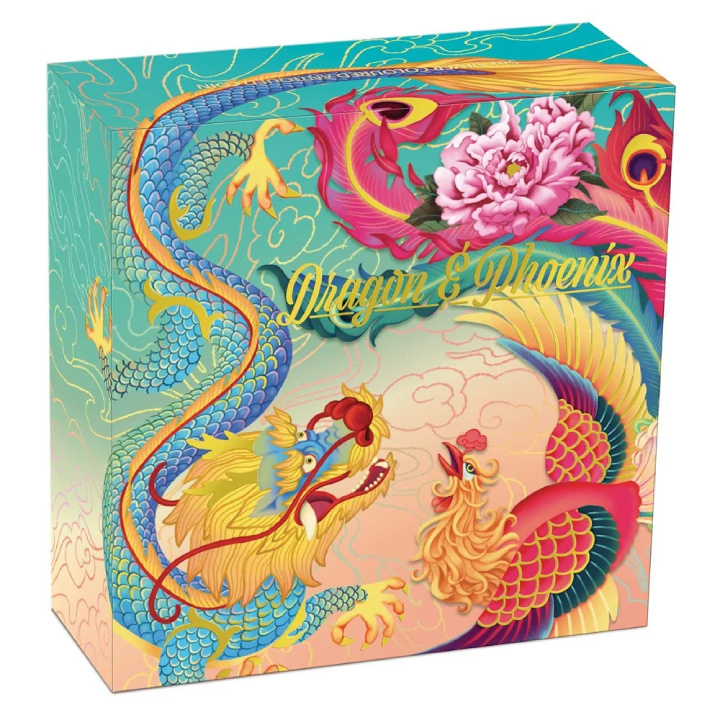 Tuvalu: Dragon and Phoenix coloured 5 oz Silver 2024 Antiqued Coin