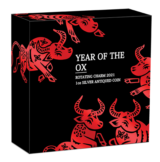 Lunar III: Año del Búfalo 1 oz Plata 2021 Encanto giratorio Acabado envejecido