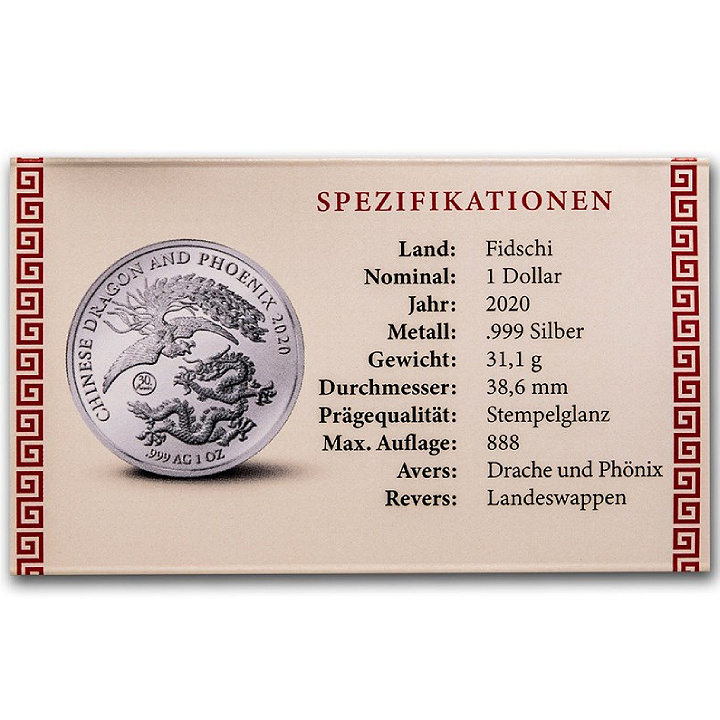 Fiji: Set di 2 monete Chinese Dragon & Phoenix - 1 grammo d'oro e 1 oncia d'argento 2020 Proof