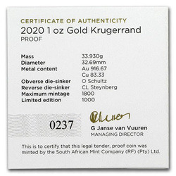Krugerrand 1 unce zlata 2020 Proof
