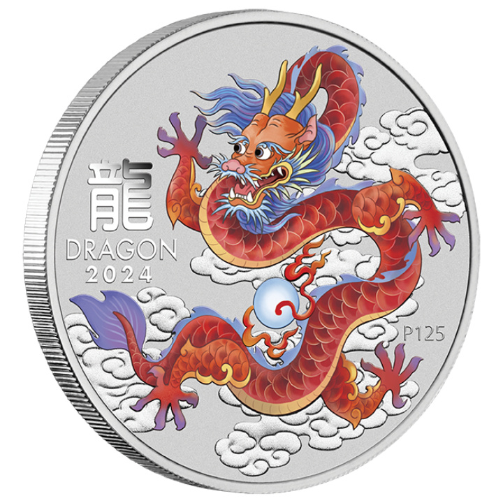 Perth Mint: Lunar III - Anno del Drago “Drago rosso” colorato 1/2 oncia d'argento 2024