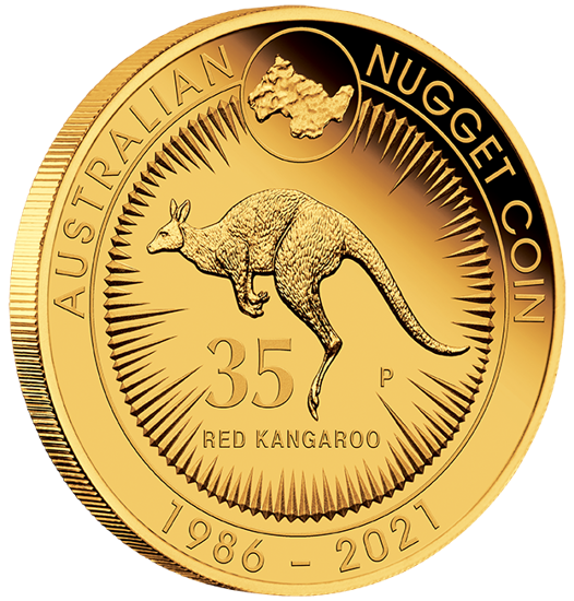 Australský klokan: 35. výročí Kangaroo Nugget 1/4 unce zlata 2021 Proof