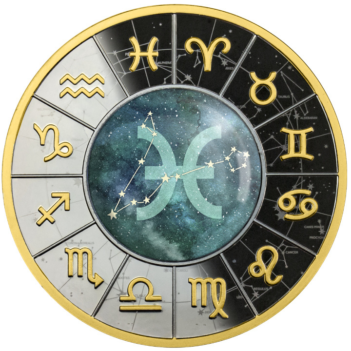 Camerun: Segni zodiacali - Pesci colorati, placcati in oro Argento 2023 Black Proof