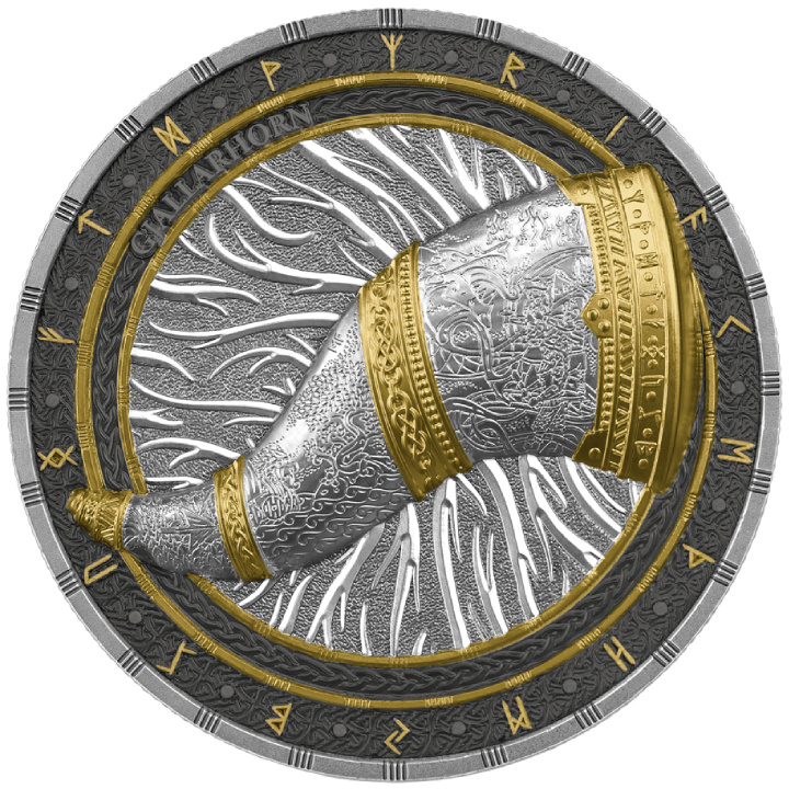 Artefactos: Gjallarhorn coloreado 2 oz Plata 2024 Dorado Ultra Alto Relieve