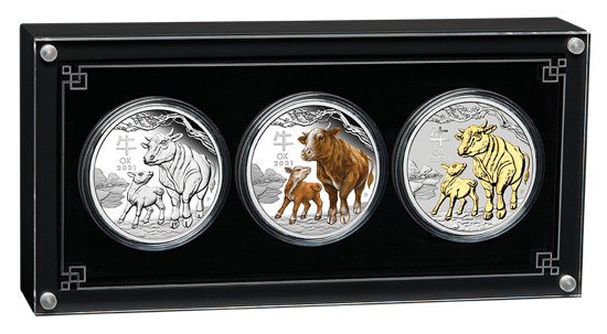Lunar III: Jahr des Ochsen Silber 2021 Proof 3 Coin Set