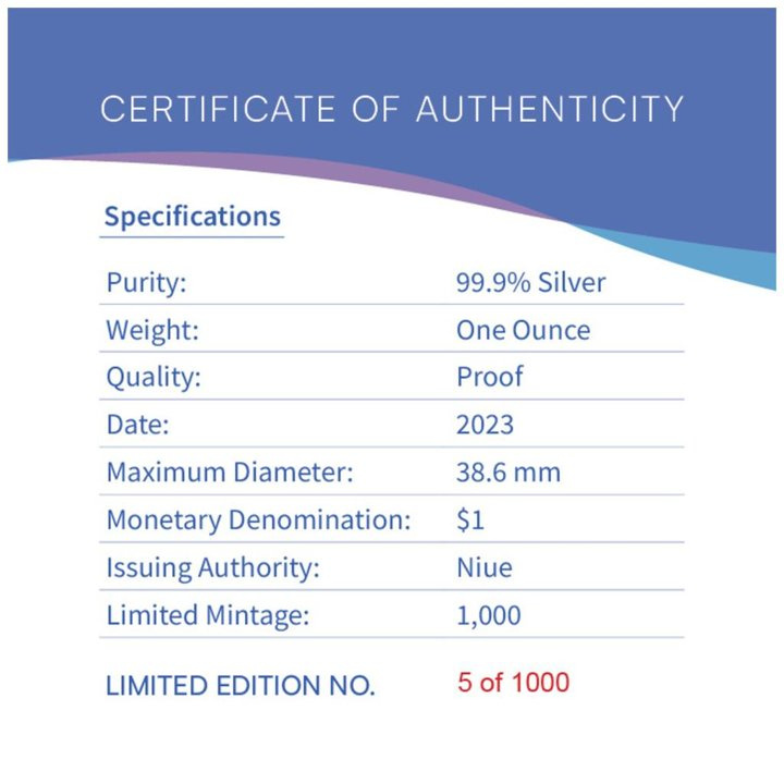 Niue: Azure Kingfisher coloreado 1 oz Plata 2023 Proof