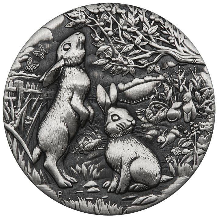 Perth Mint : Lunar III - Année du lapin 2 onces d'argent 2023 Pièce vieillie