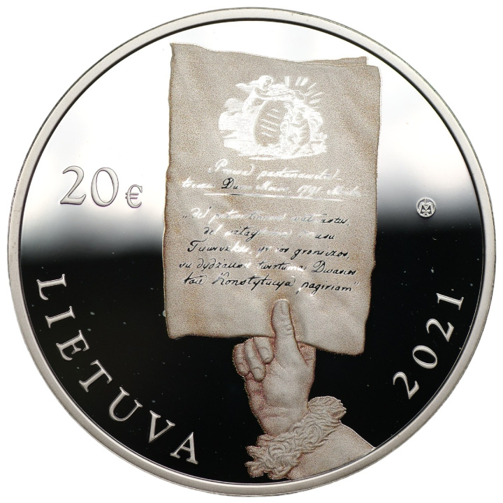 Lituania: 230 Aniversario de la Constitución del 3 de Mayo 20 euros Plata 2021 Proof coloreada + certificado