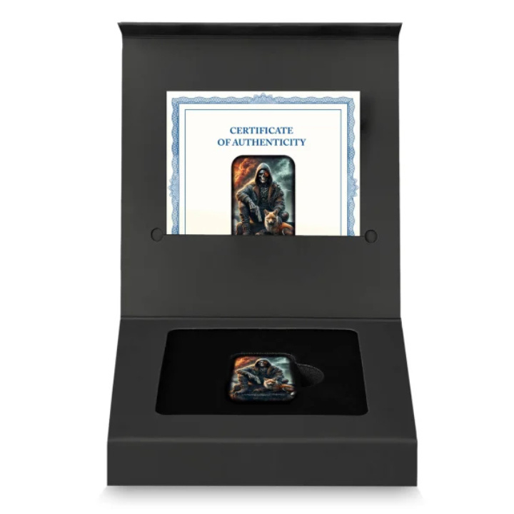 Sztabka Asturmint: Terminator & Fox kolorowany 2 uncje Srebra 2025 Antique Finish