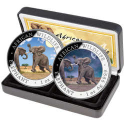 Lot de 2 pièces African Wildlife : Éléphant de Somalie « Day & Night » coloré 2 x 1 once d'argent 2024