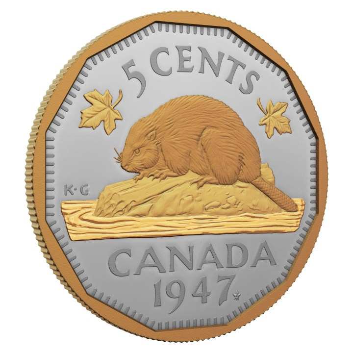 Canadá: 1947 Maple Leaf Mark 5-Cent Gold Plated Silver 2023 Proof