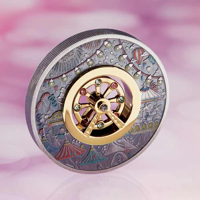 Tuvalu: Ferris Wheel kolorowany 2 uncje Srebra 2025 Antiqued Coin