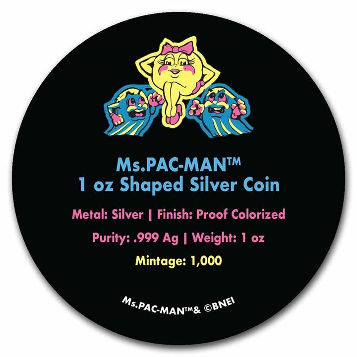 Niue: Ms.PAC-MAN coloured 1 oz Silver 2022 Proof Shaped Coin