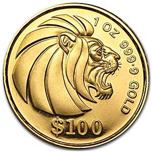 León de Singapur: Lote de 5 monedas 1.9 oz Oro 1993