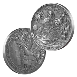 Kamerun: Bible Stories: Siedem Dni Stworzenia 2 uncje Srebra 2024 High Relief Antiqued Coin