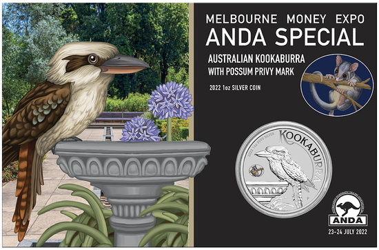 Kookaburra with Possum kolorowany 1 uncja Srebra 2022 Privy Mark (Melbourne Money Expo Anda Special)