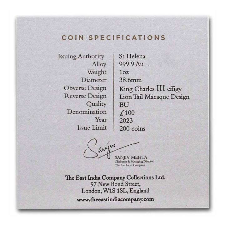 St Helena: Cash India Wildlife - Lion Tailed Macaque 1 oz Gold 2023